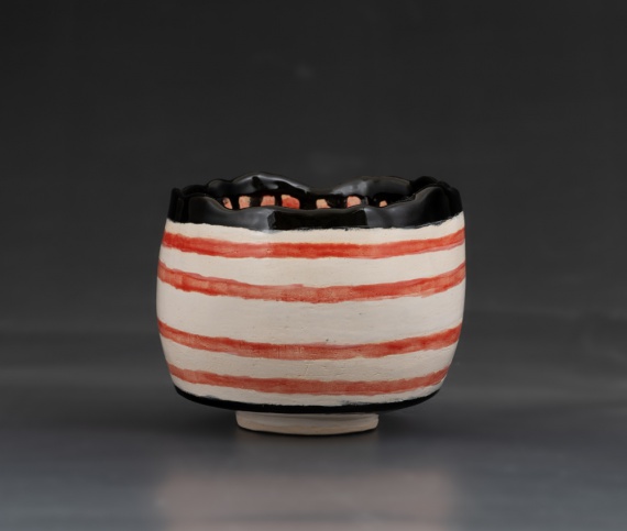 Red and white striped teabowl by Abby Cibrian