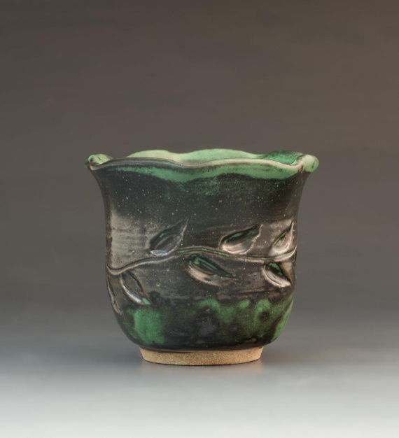Reitz green pot with carved leaf design by Karley Bentler